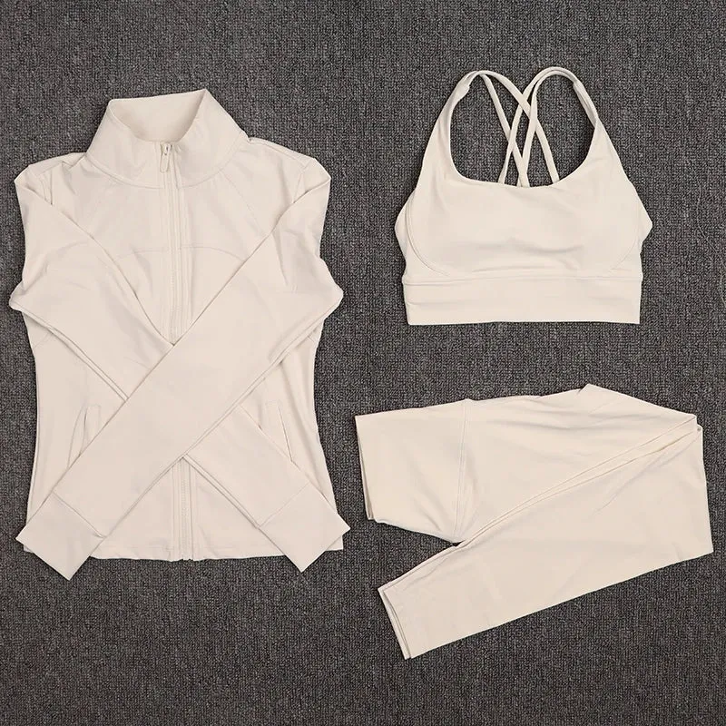 SOISOU Sexy Gym Woman Clothing Sport Yoga Set Leggings Bra Coat Women's Tracksuit Sportswear High Quality Tight Elastic