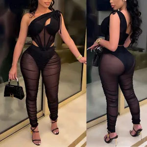 Solid Sheer Mesh Sleeveless Top & Pants Set