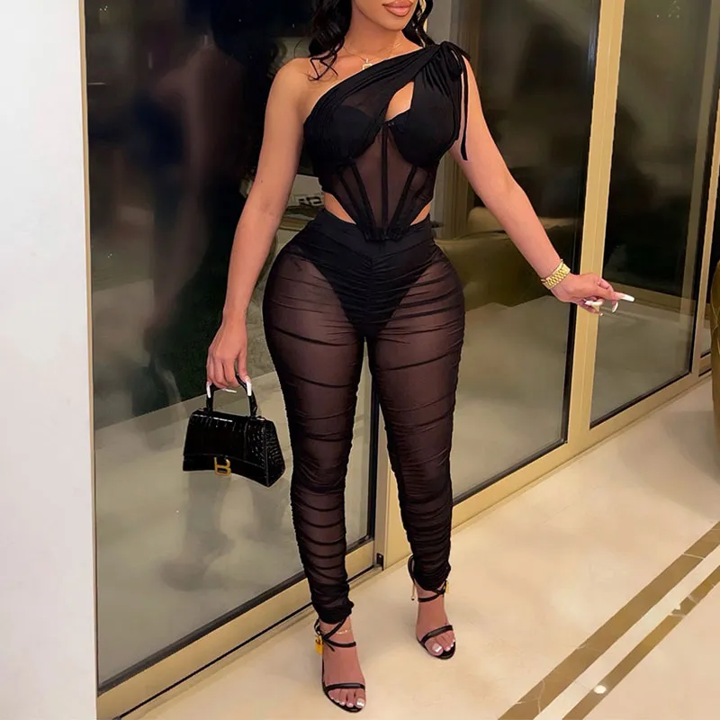 Solid Sheer Mesh Sleeveless Top & Pants Set