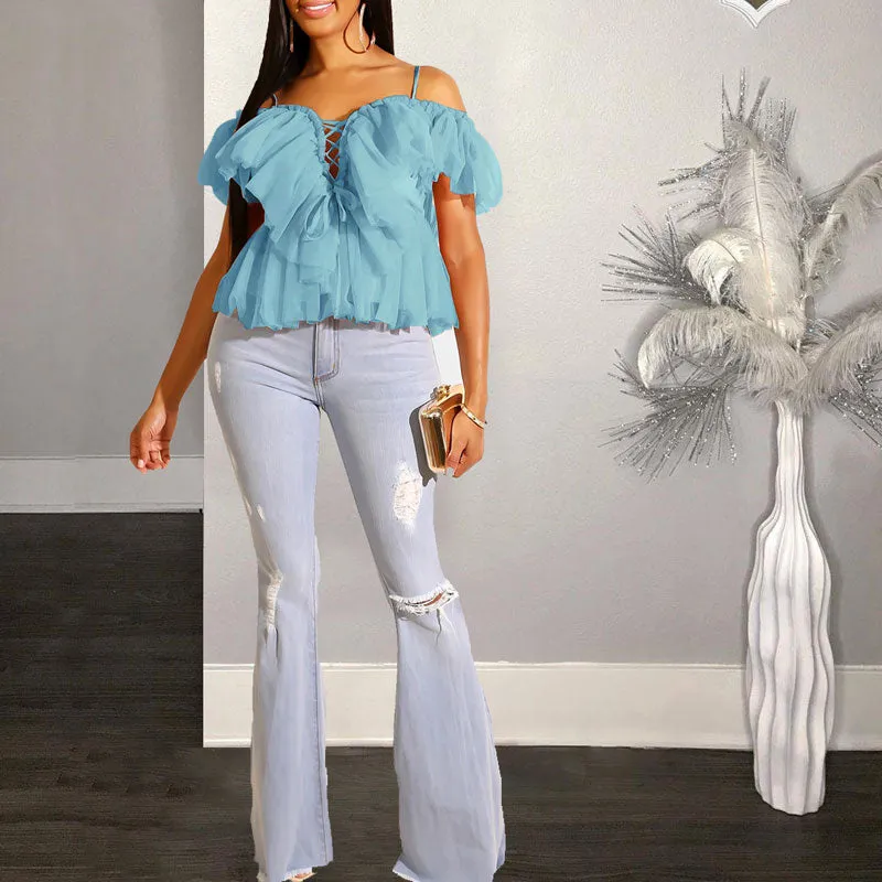 Solid Sleeveless Lace Up Sheer Mesh Top
