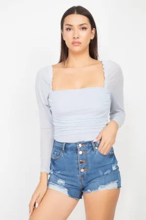 Square Neck Ruching Mesh Bodysuit