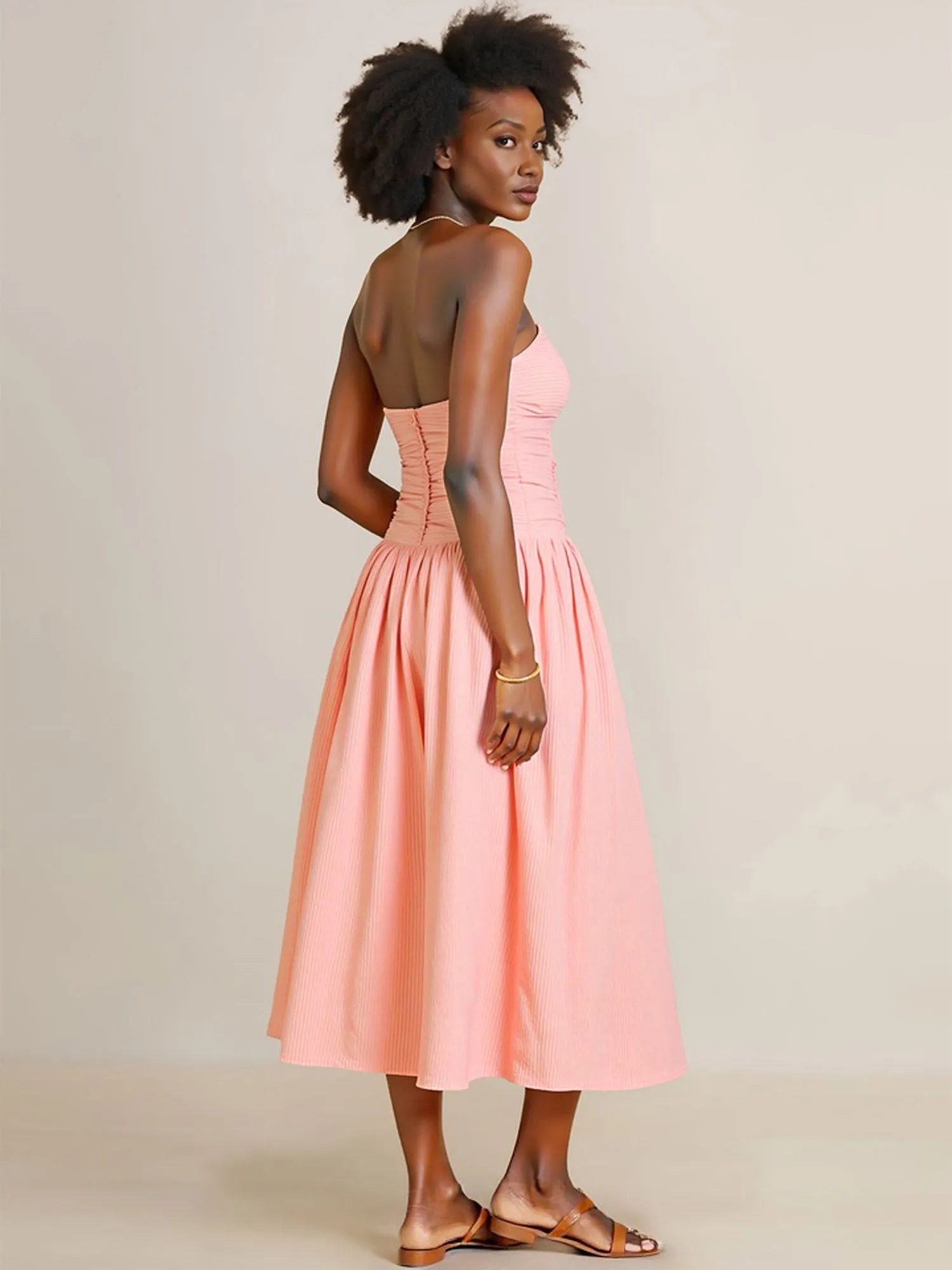 Strapless Ruched Waist Midi Sun Dress