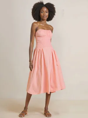Strapless Ruched Waist Midi Sun Dress