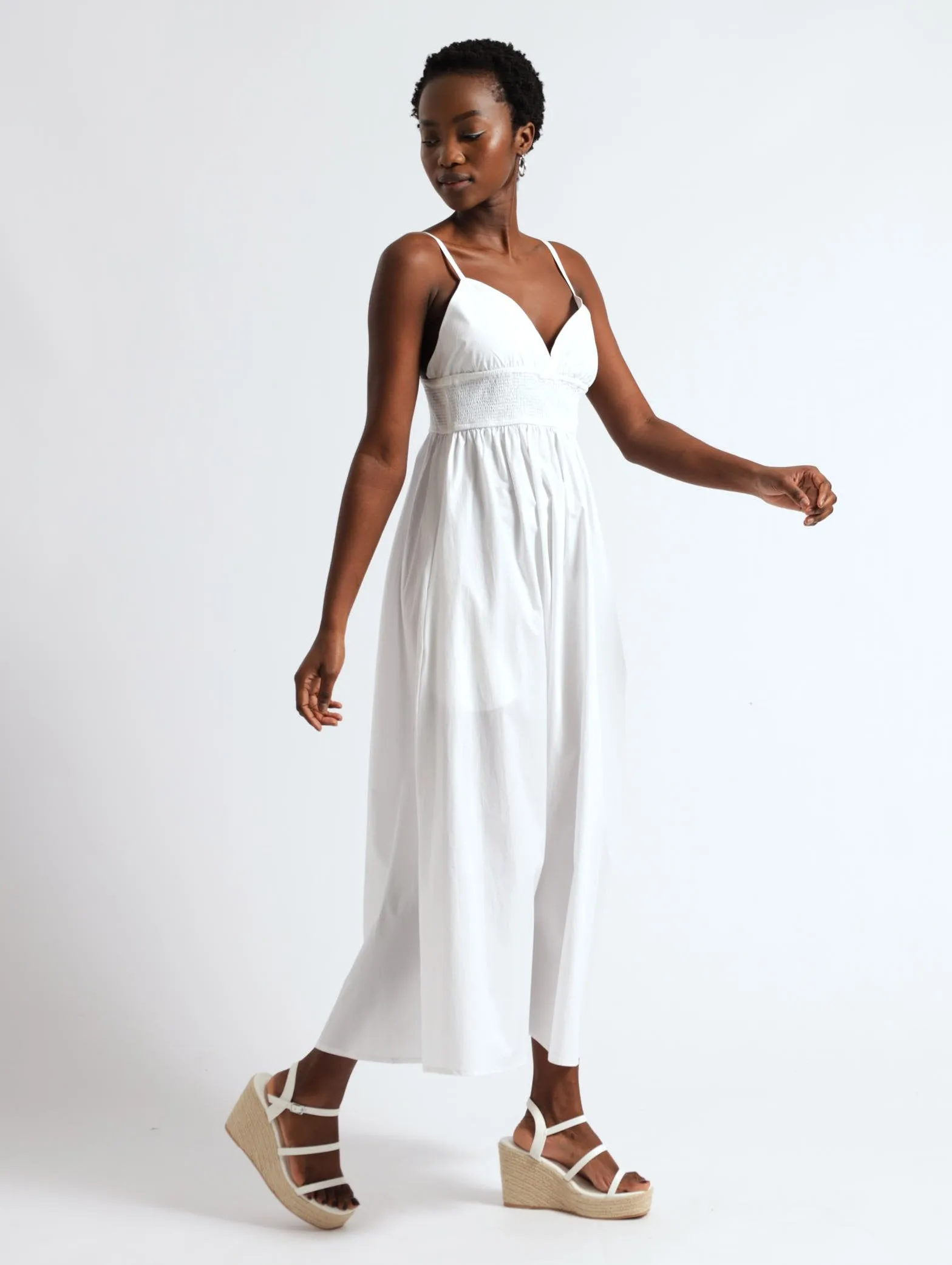 Strappy Ruche Detail With Pocket Sun Dress - White