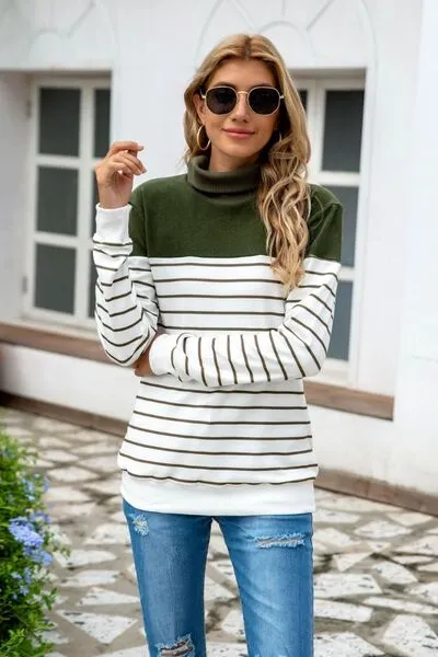 Striped Contrast Turtleneck Sweater (5 Colors)