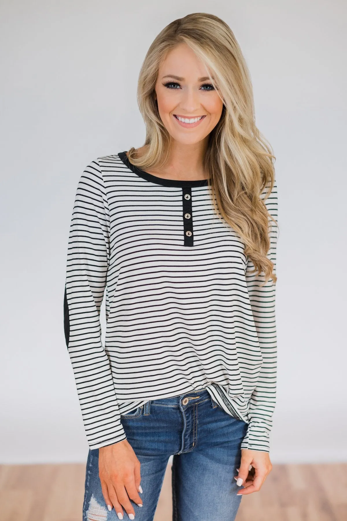 Striped Elbow Patch Long Sleeve Top- Black & White