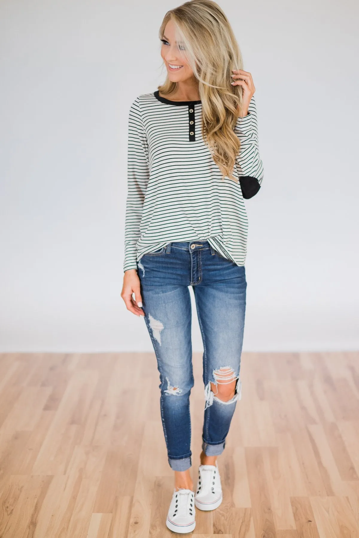Striped Elbow Patch Long Sleeve Top- Black & White