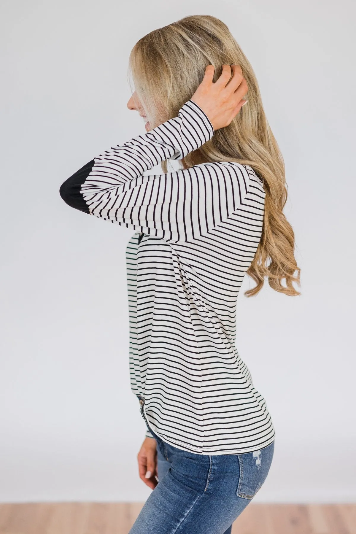 Striped Elbow Patch Long Sleeve Top- Black & White