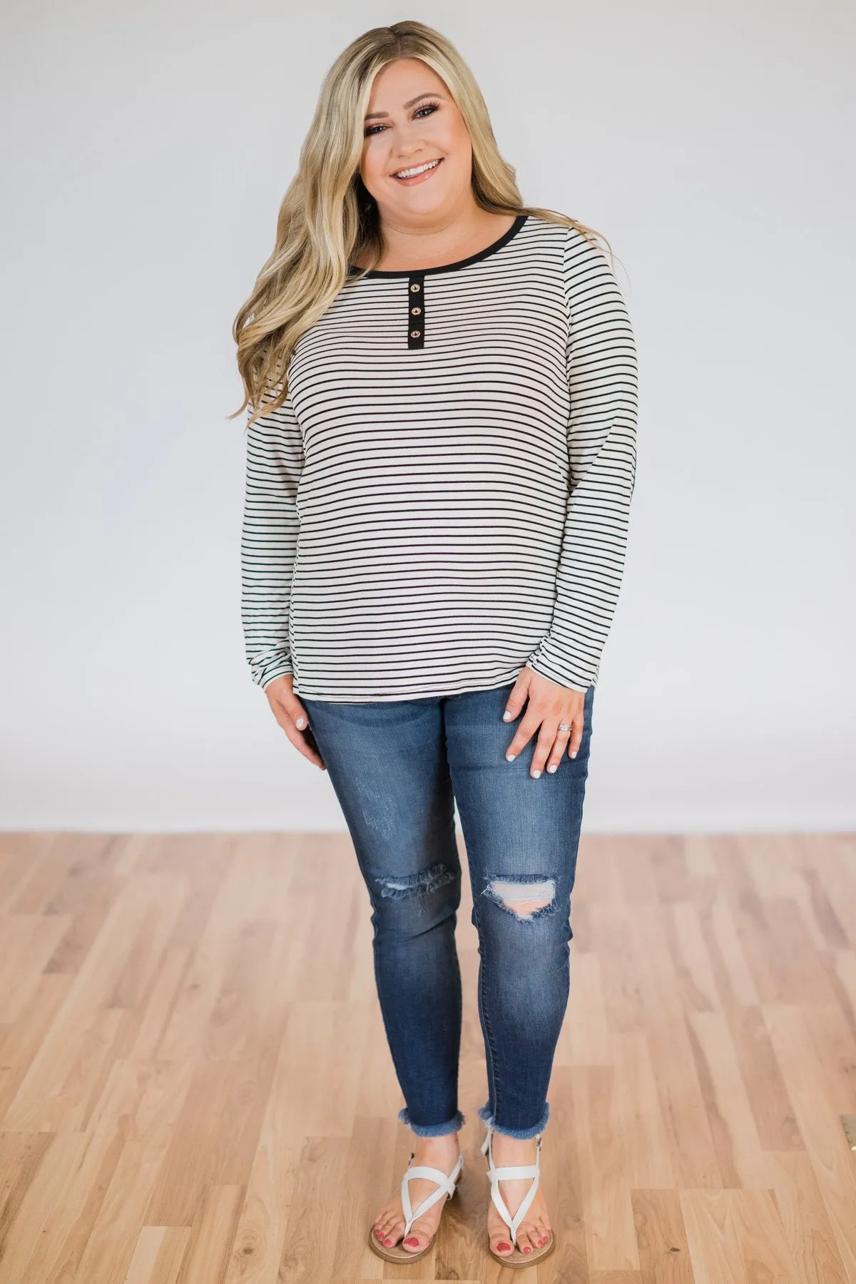 Striped Elbow Patch Long Sleeve Top- Black & White