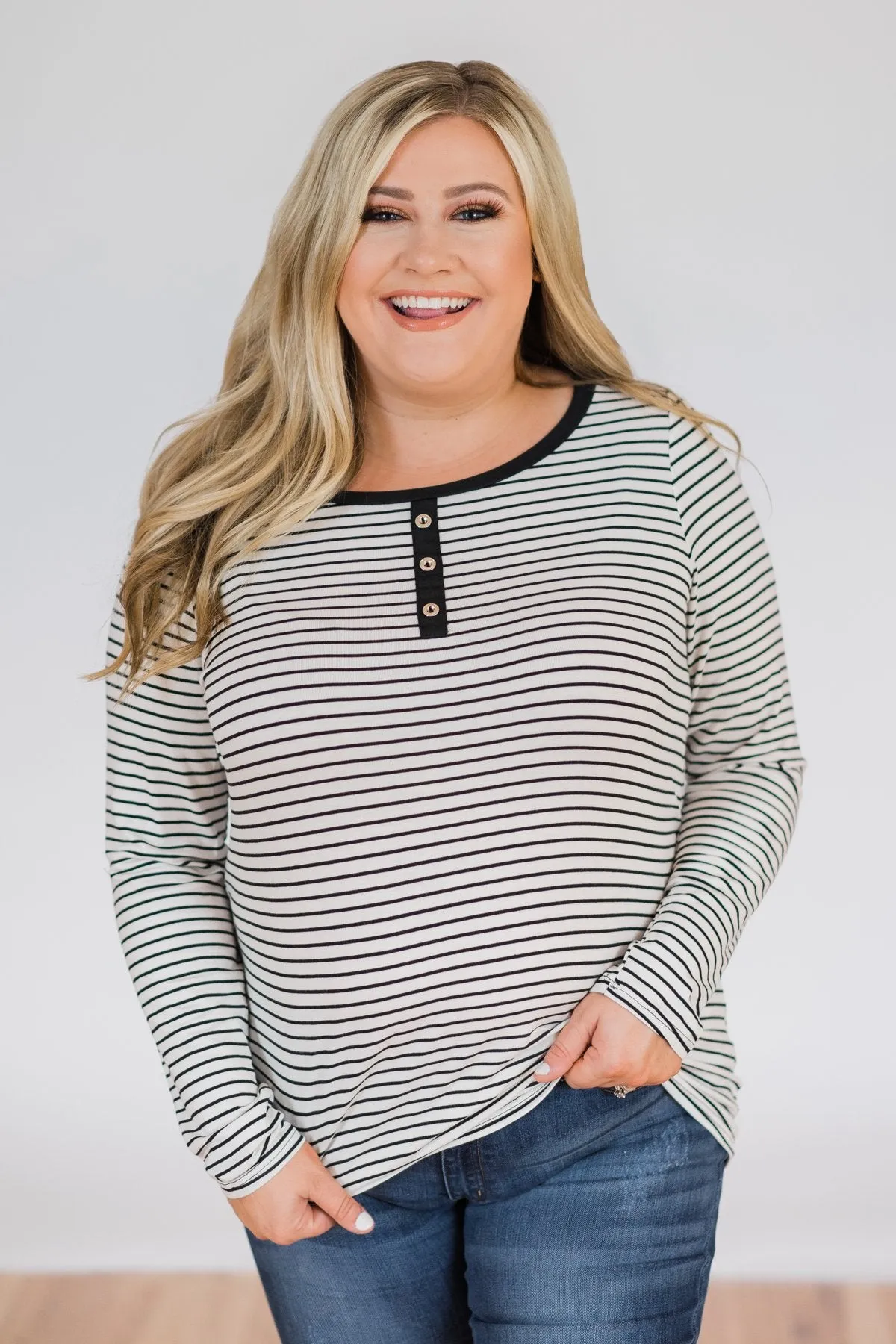 Striped Elbow Patch Long Sleeve Top- Black & White