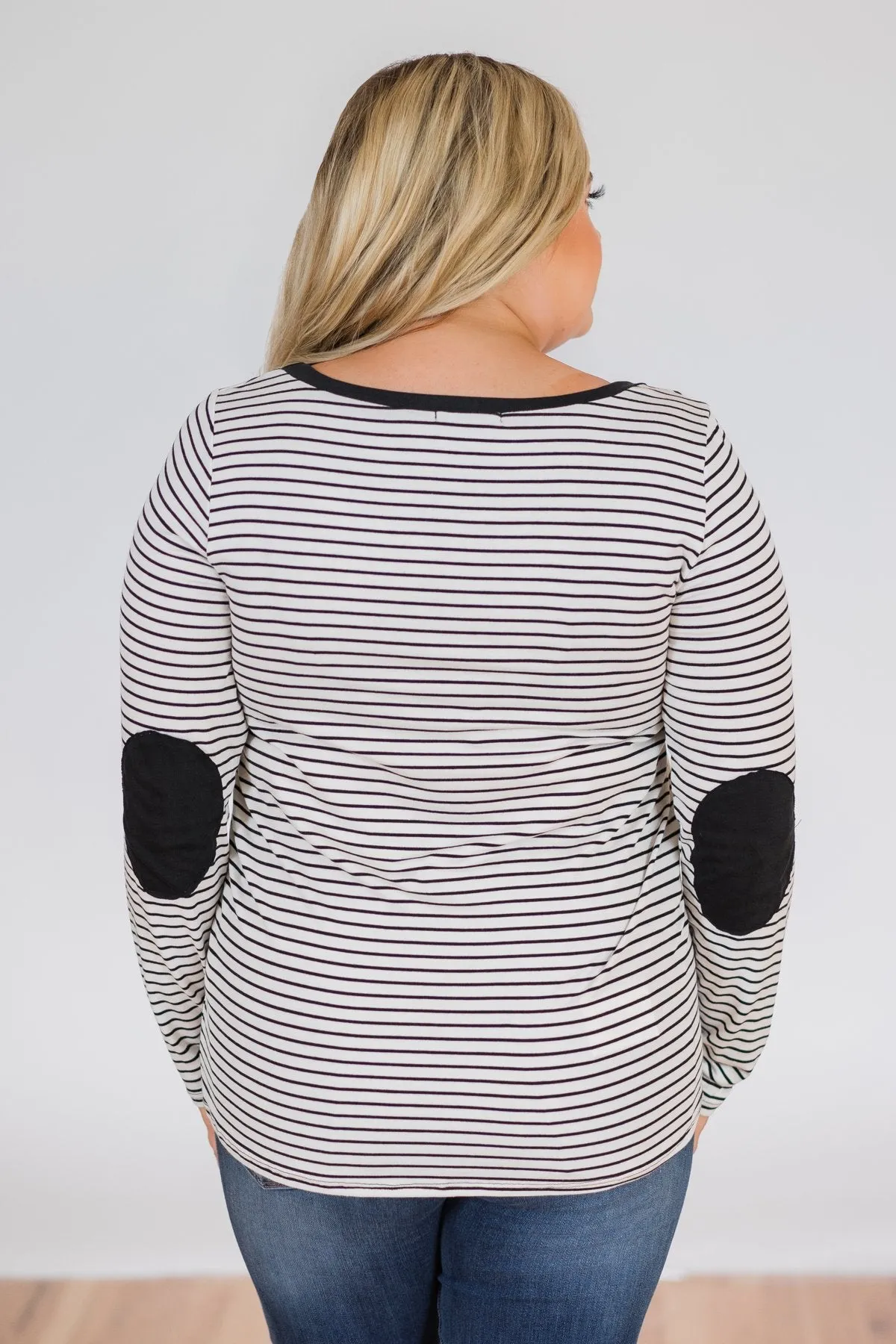 Striped Elbow Patch Long Sleeve Top- Black & White