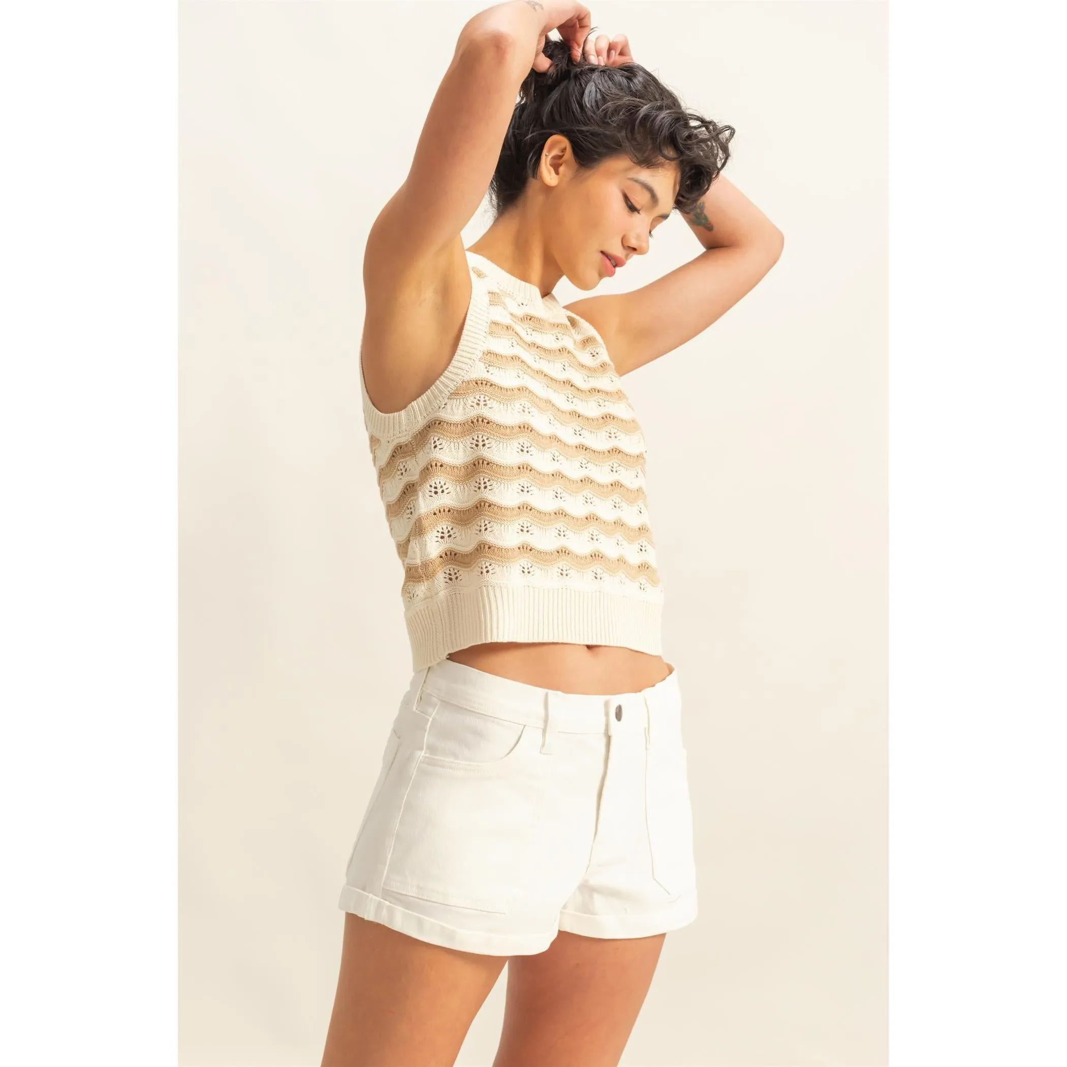 Striped Knit Sweater Vest || Taupe/Cream
