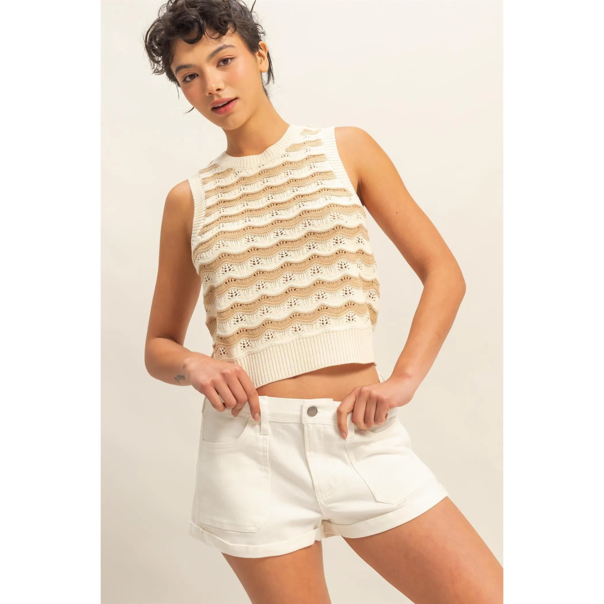 Striped Knit Sweater Vest || Taupe/Cream