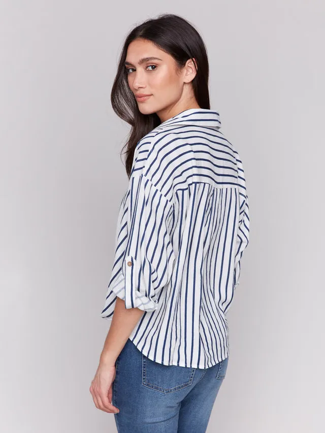 Striped Linen Blend Shirt with Front Twist Detail - Stripes - C4604-226C
