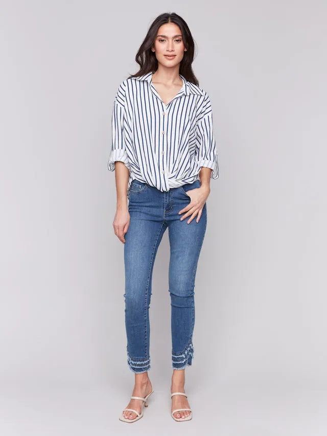 Striped Linen Blend Shirt with Front Twist Detail - Stripes - C4604-226C