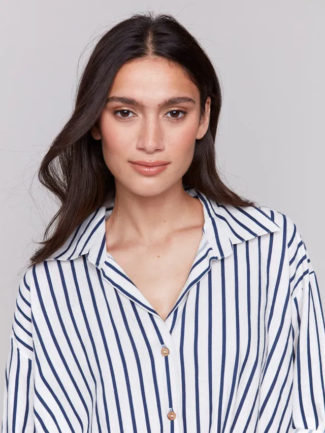 Striped Linen Blend Shirt with Front Twist Detail - Stripes - C4604-226C