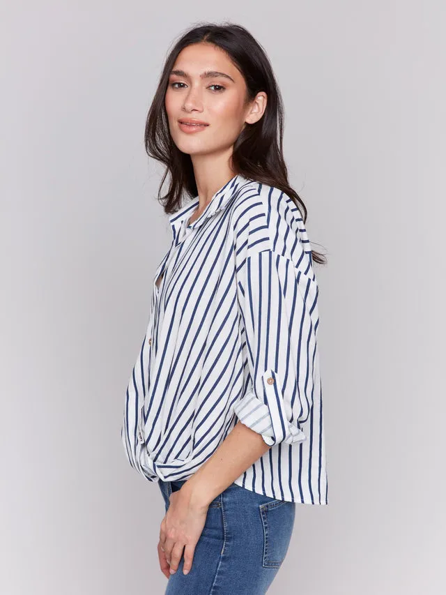 Striped Linen Blend Shirt with Front Twist Detail - Stripes - C4604-226C