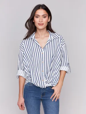 Striped Linen Blend Shirt with Front Twist Detail - Stripes - C4604-226C