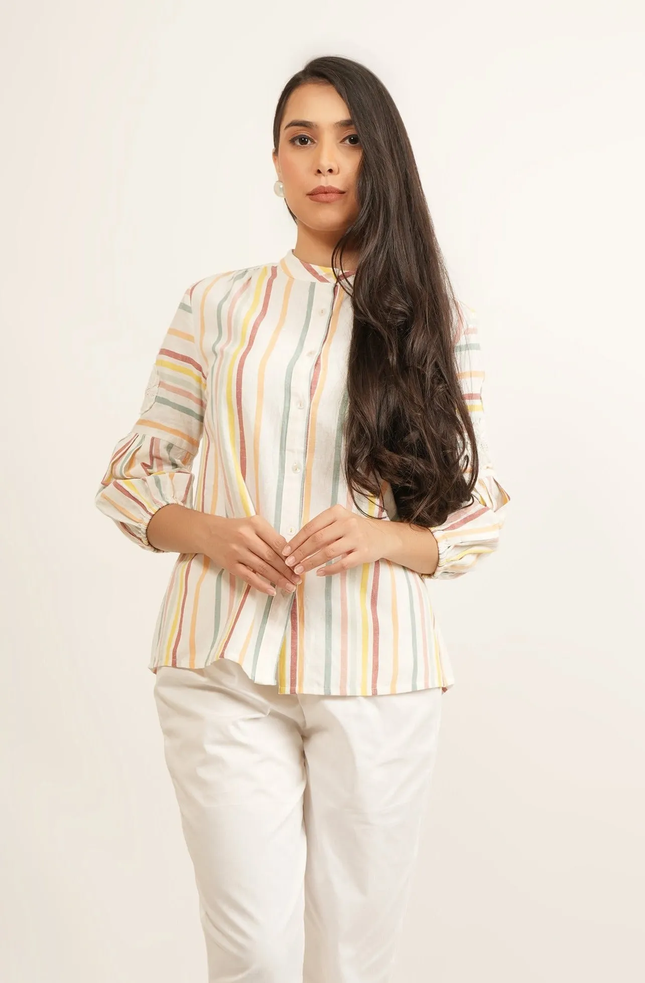 Striped Shirt Top with Patchwork Sleeves