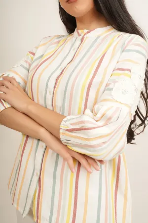Striped Shirt Top with Patchwork Sleeves
