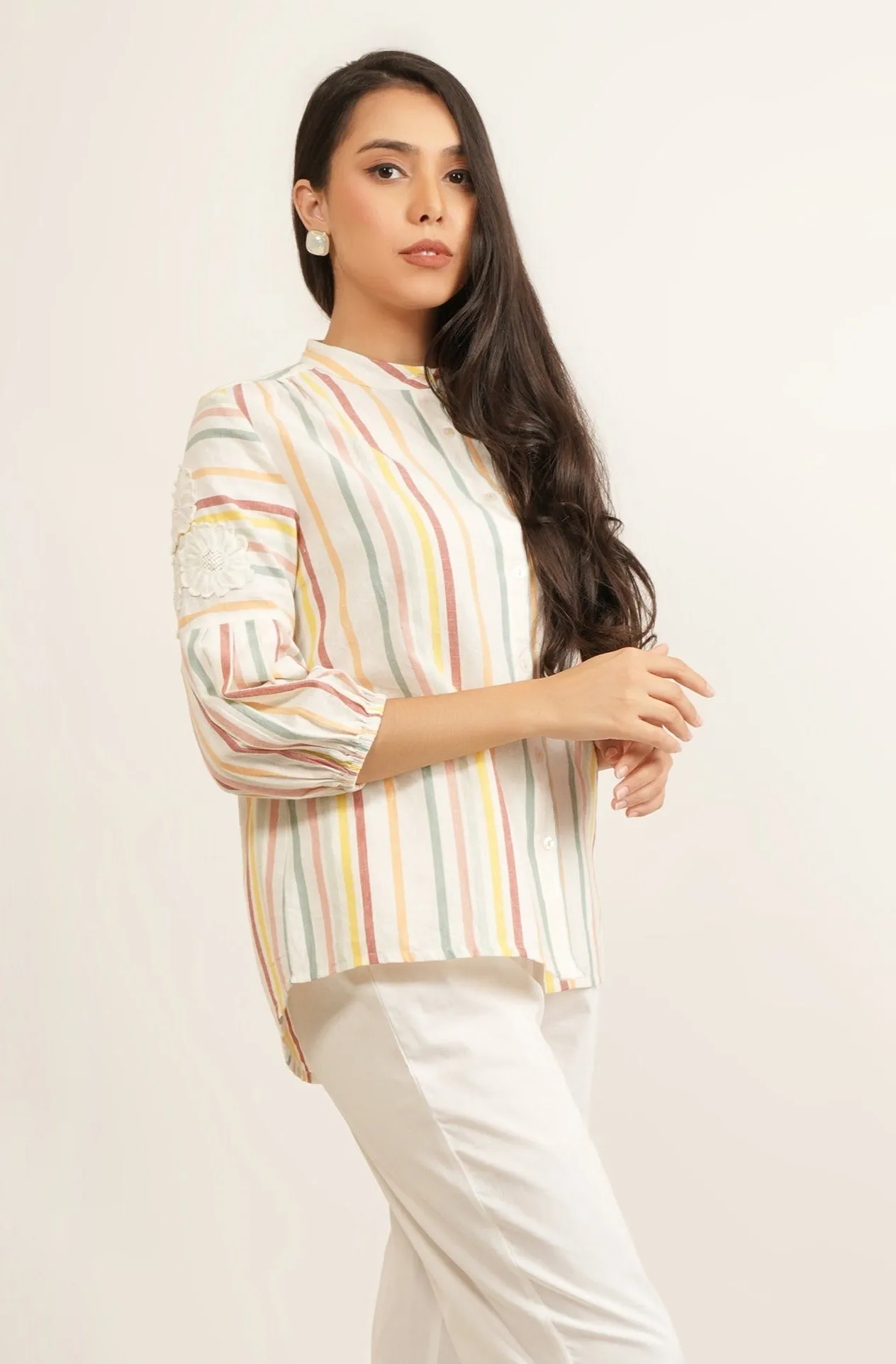 Striped Shirt Top with Patchwork Sleeves