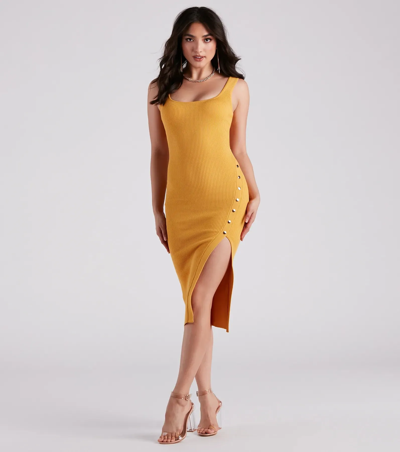 Strut And Snap Ribbed Knit Midi Dress