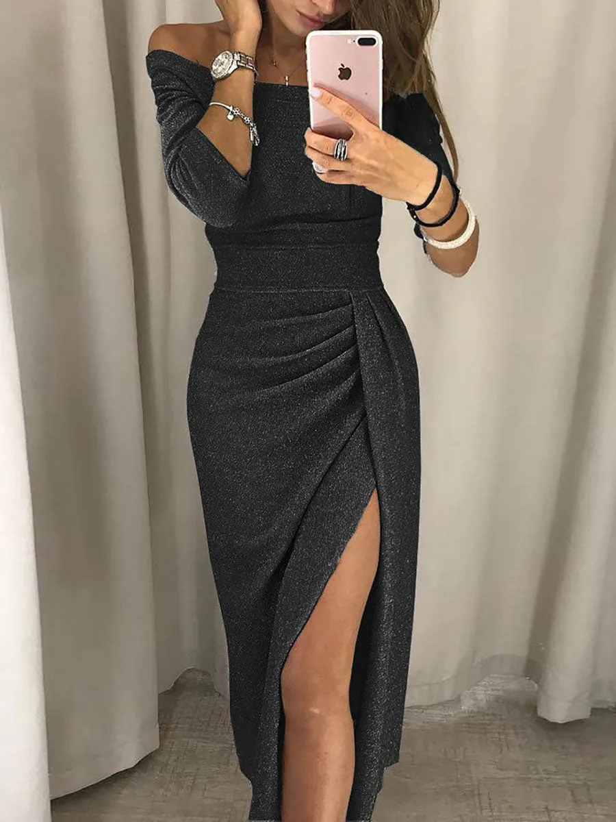 Stunncal A-line Neck Sequin Slit Wrap Dress