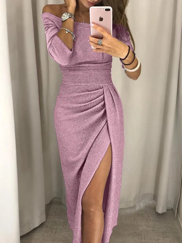 Stunncal A-line Neck Sequin Slit Wrap Dress