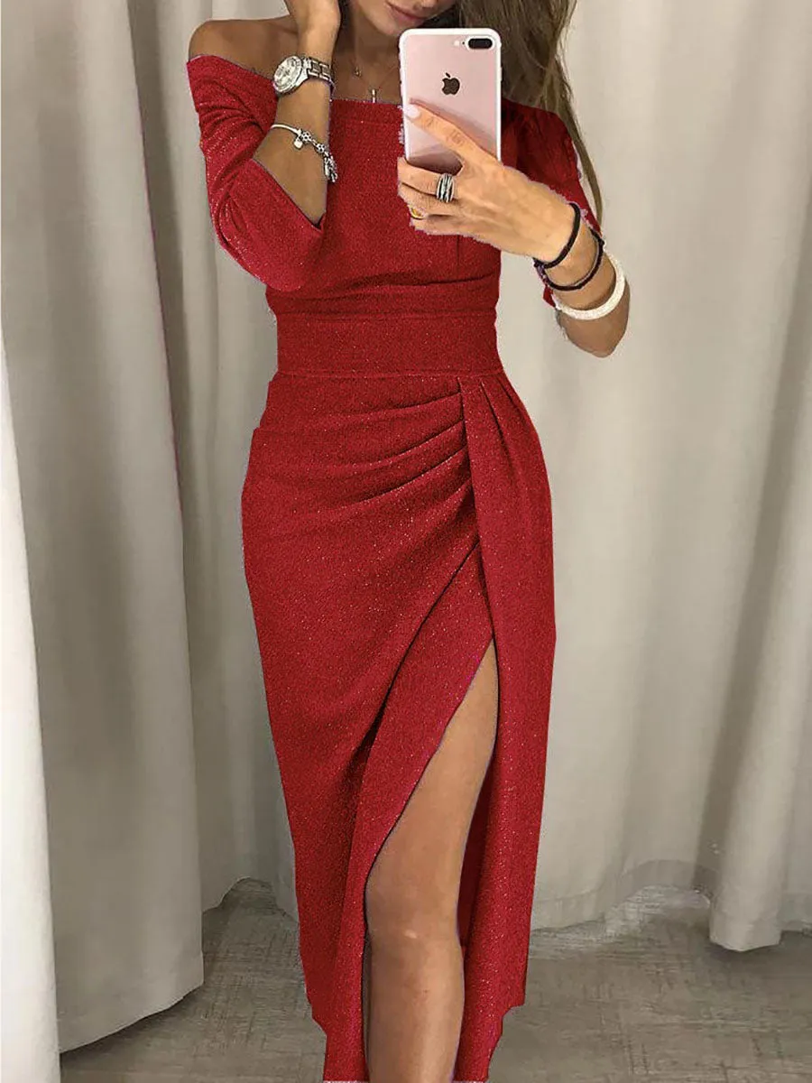 Stunncal A-line Neck Sequin Slit Wrap Dress
