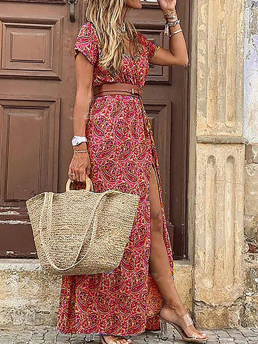 Stunncal Boho Style V-neck Floral Belt Dress (7 colors)