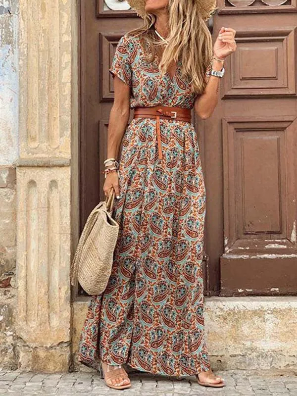 Stunncal Boho Style V-neck Floral Belt Dress (7 colors)