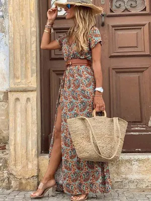 Stunncal Boho Style V-neck Floral Belt Dress (7 colors)