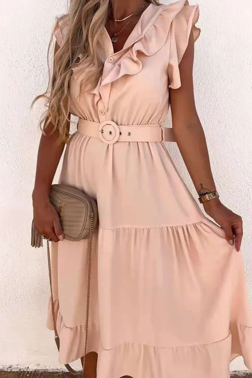 Stunncal Fashion V Neck Belt Short Sleeve Dress