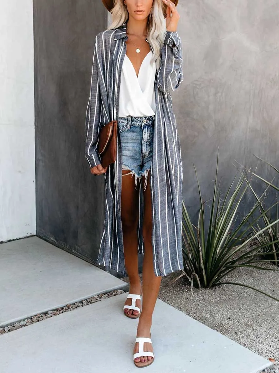 Stunncal Long Sleeve Knee Length Lapel Striped Shirt
