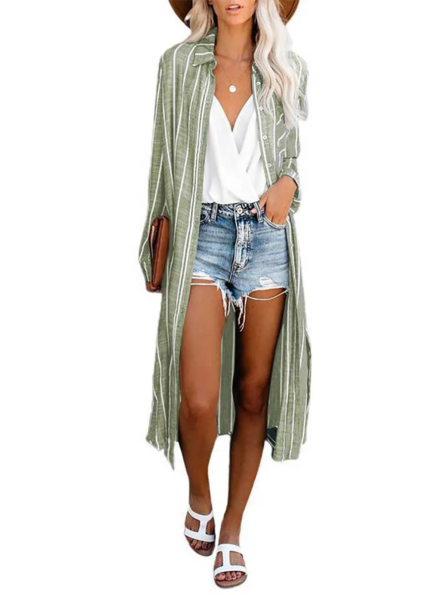 Stunncal Long Sleeve Knee Length Lapel Striped Shirt