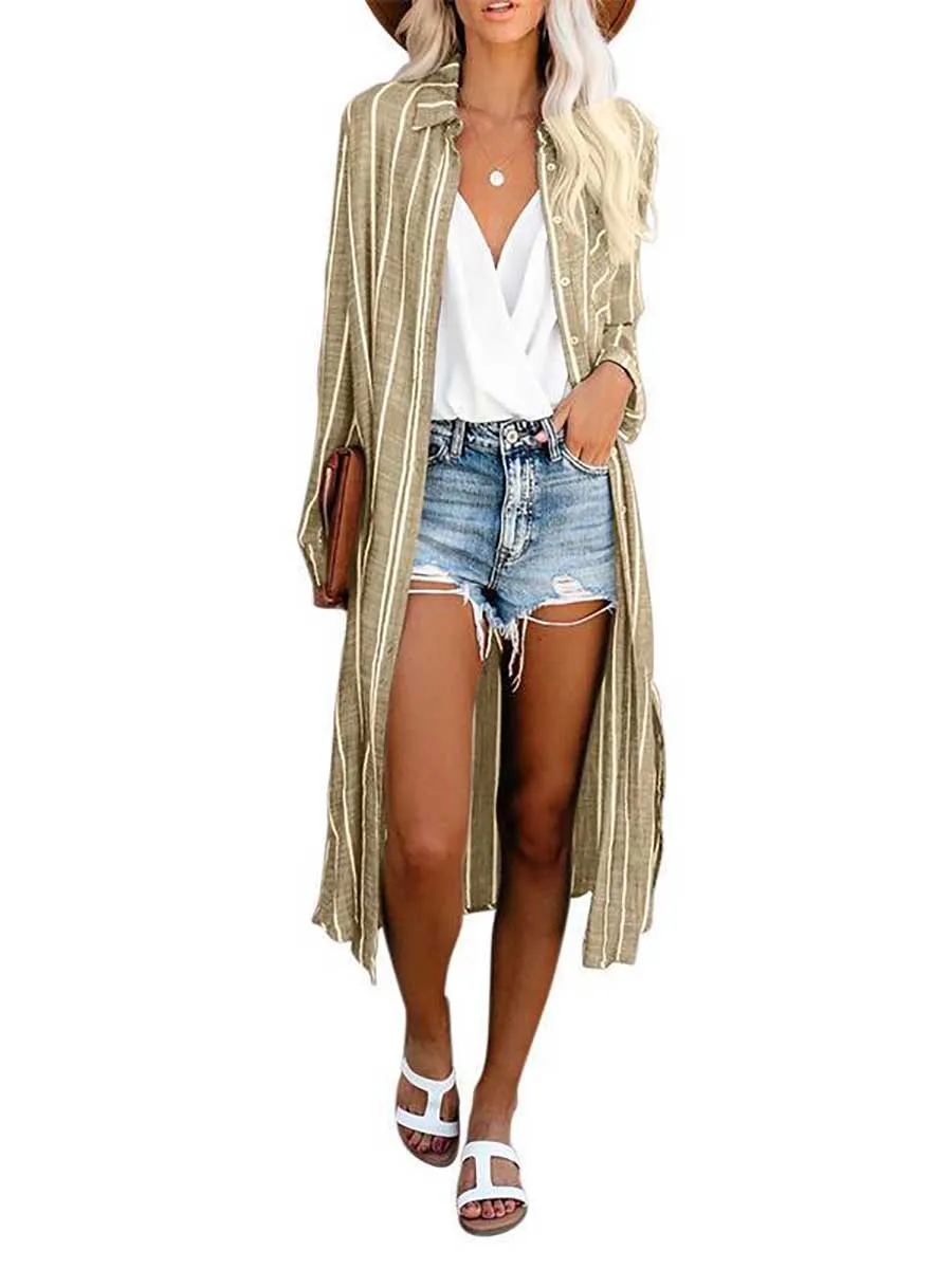Stunncal Long Sleeve Knee Length Lapel Striped Shirt
