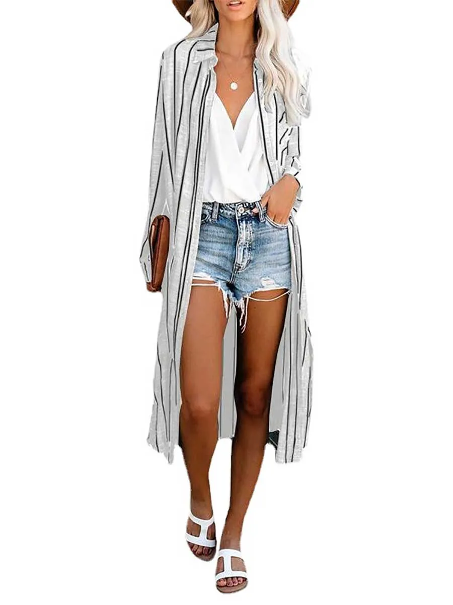 Stunncal Long Sleeve Knee Length Lapel Striped Shirt