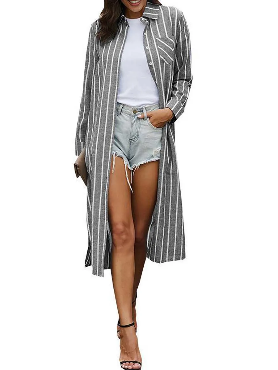 Stunncal Long Sleeve Knee Length Lapel Striped Shirt