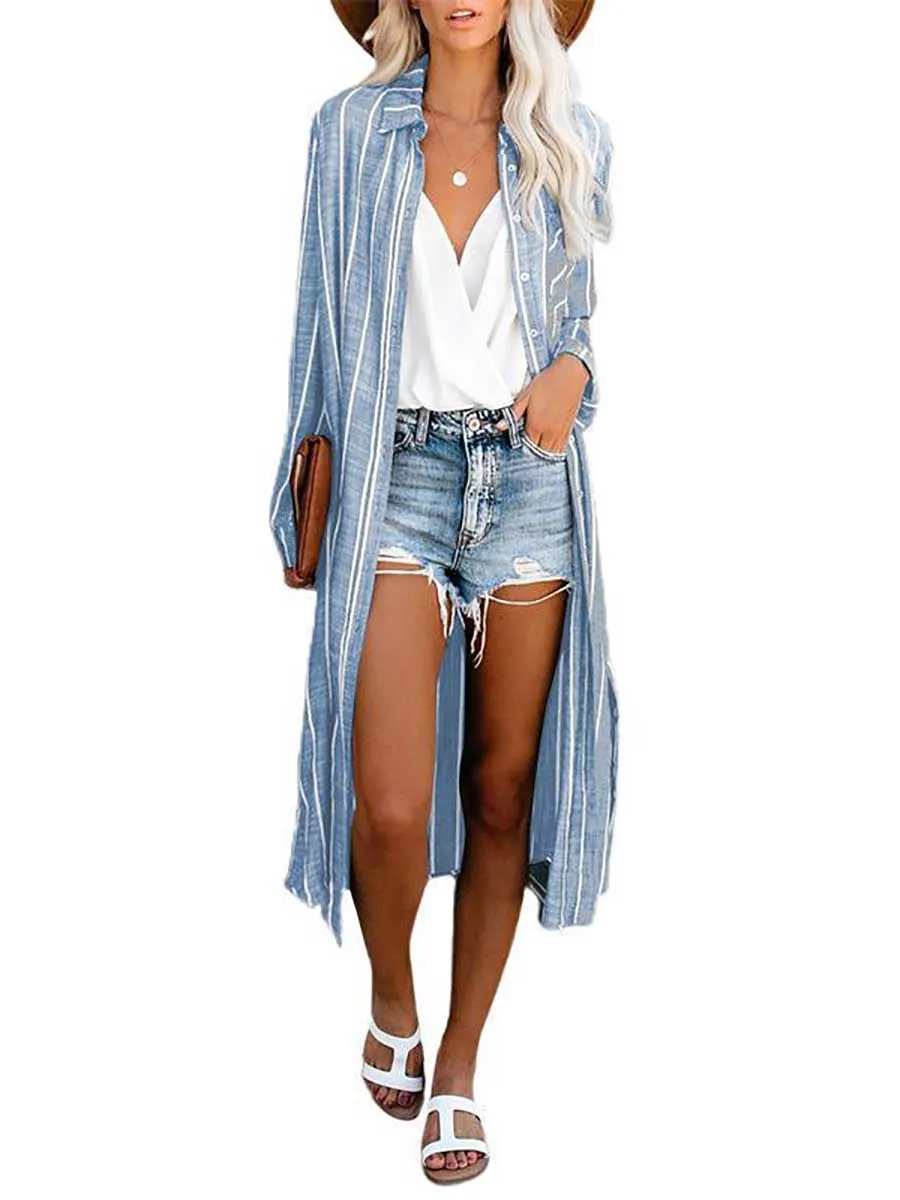 Stunncal Long Sleeve Knee Length Lapel Striped Shirt