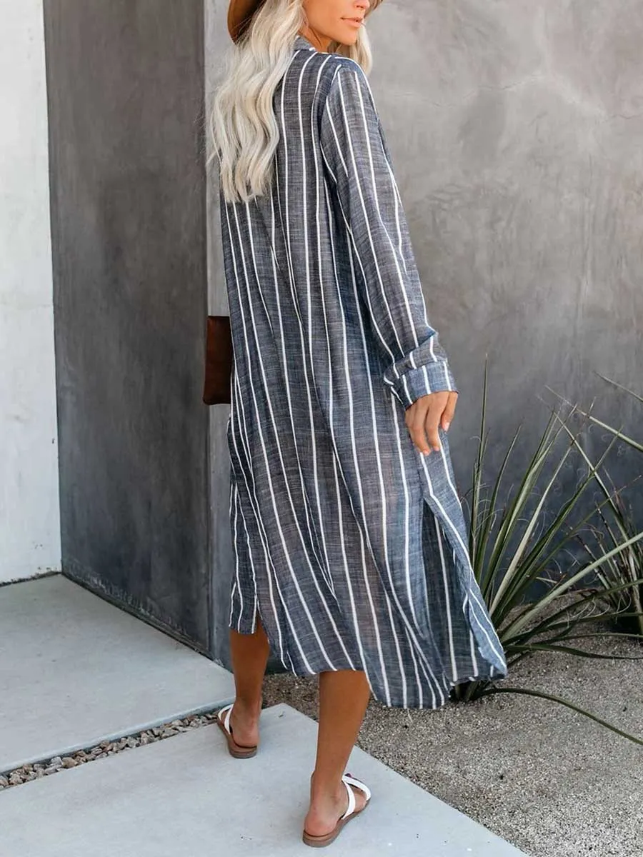 Stunncal Long Sleeve Knee Length Lapel Striped Shirt