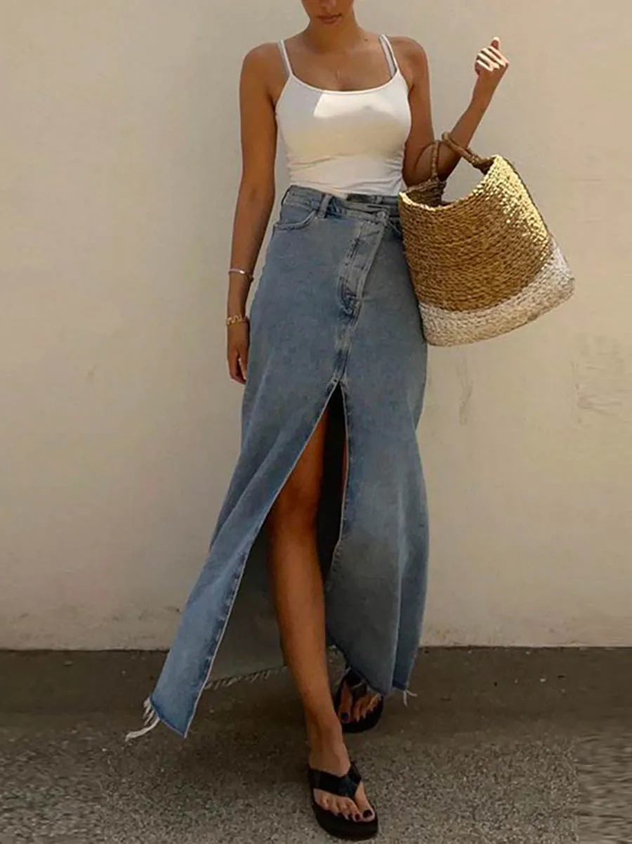Stunncal Raw Hem High Slit Maxi Denim Skirt