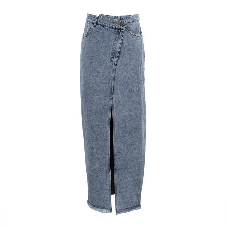 Stunncal Raw Hem High Slit Maxi Denim Skirt