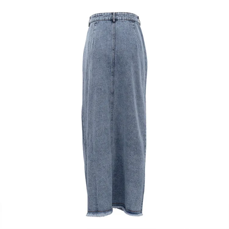 Stunncal Raw Hem High Slit Maxi Denim Skirt