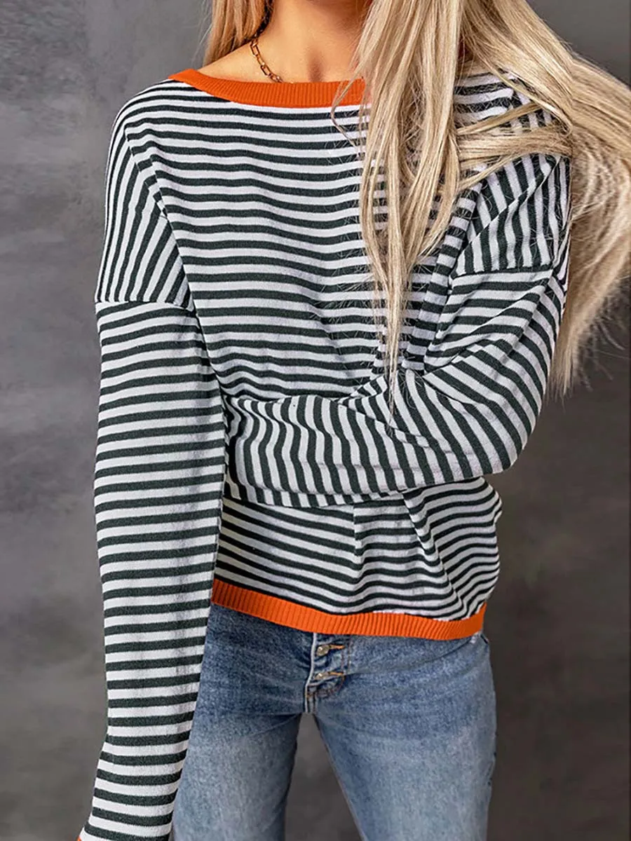 Stunncal Striped Color Contrast Dropped Shoulder Long Sleeve Top