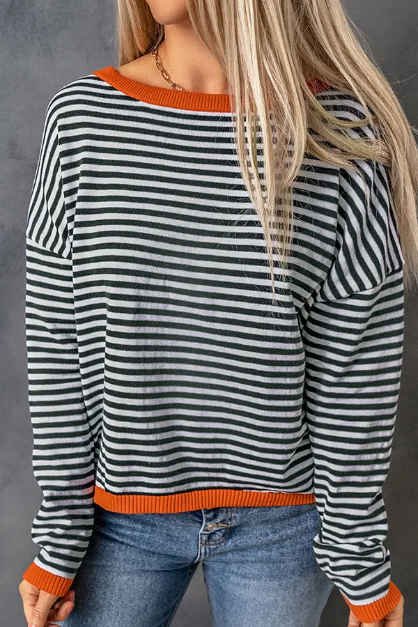 Stunncal Striped Color Contrast Dropped Shoulder Long Sleeve Top