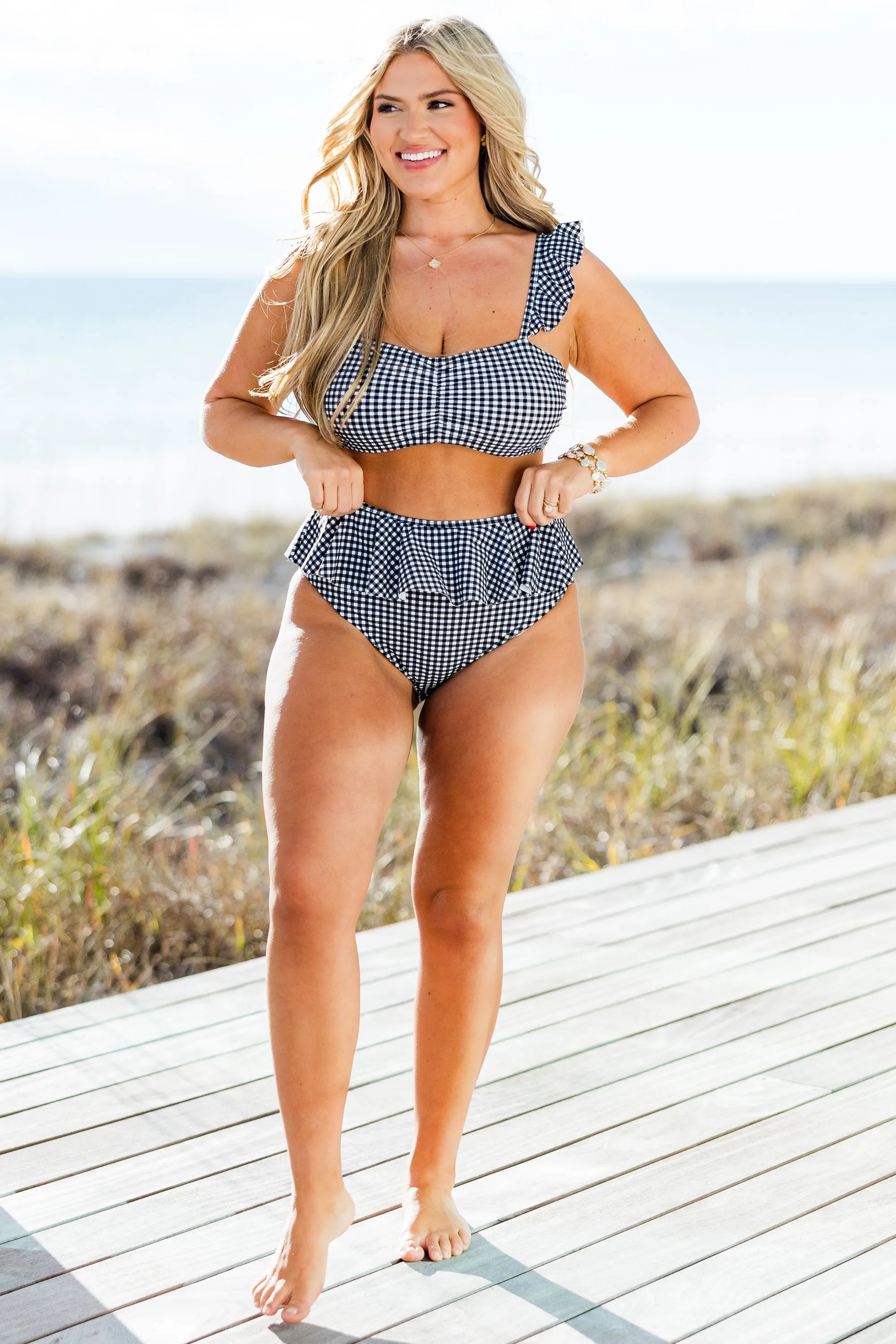 Sugar Sands Swim Top, Black/White Gingham