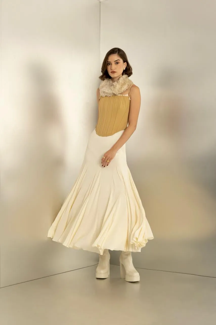 Sunspell - off white flowy dress with mustard corset