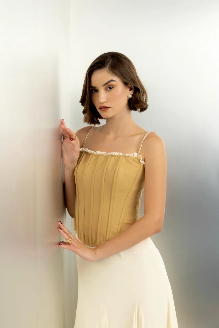 Sunspell - off white flowy dress with mustard corset