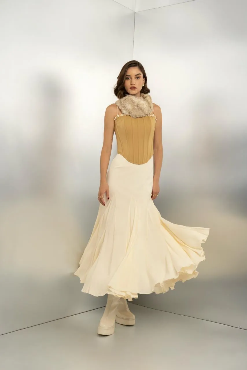 Sunspell - off white flowy dress with mustard corset