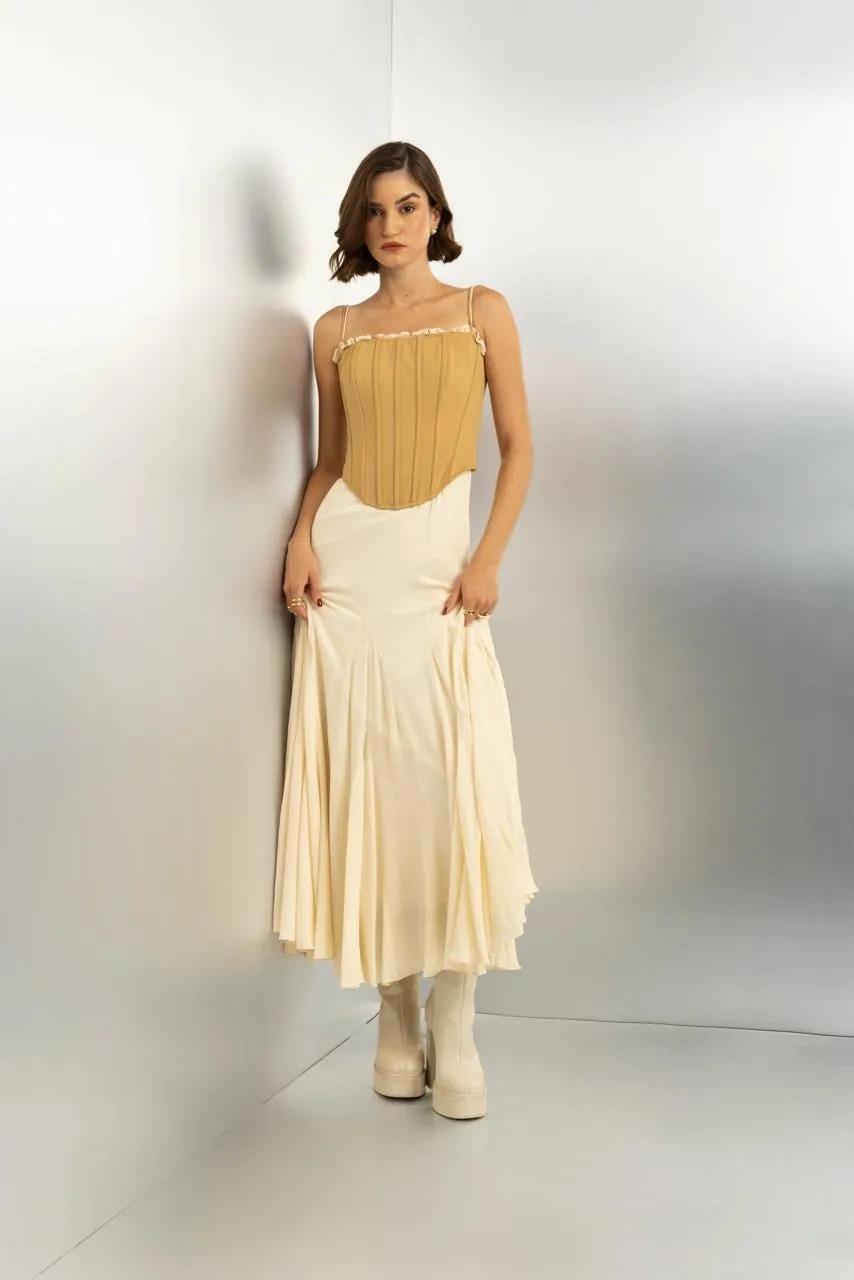 Sunspell - off white flowy dress with mustard corset